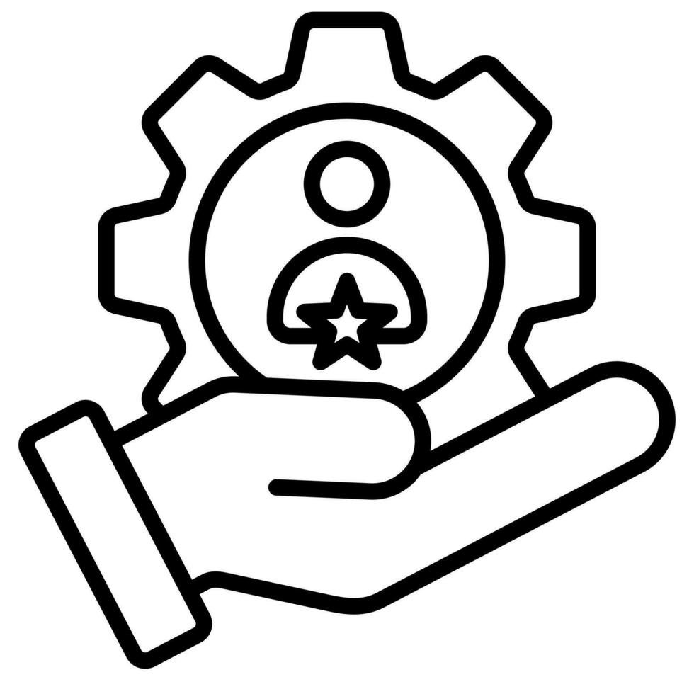 Icon of a hand holding a gear with a person in it, illustrating support for skill development.