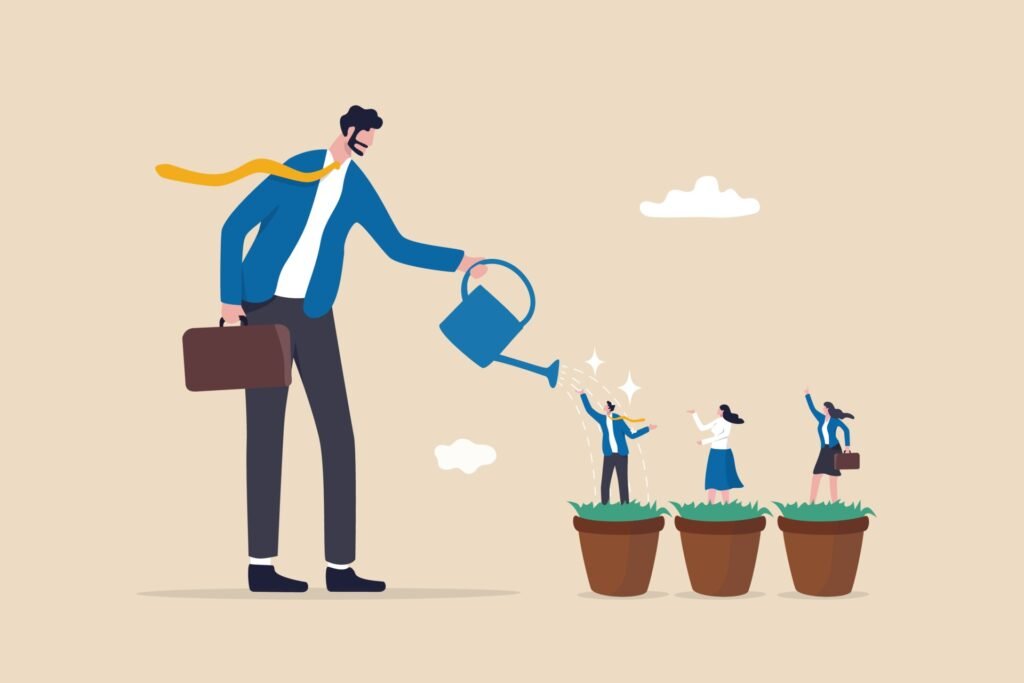 Illustration of a leader watering small plants growing into people, symbolizing talent growth and development.