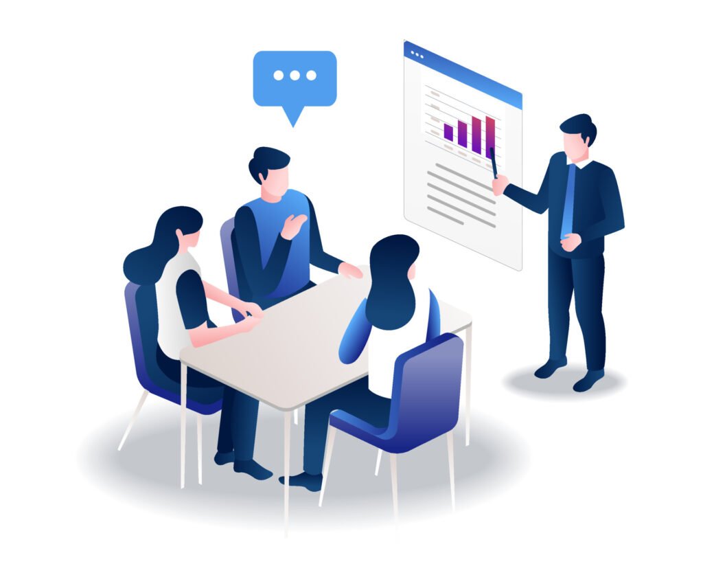 Business professionals planning a talent strategy in a modern office
