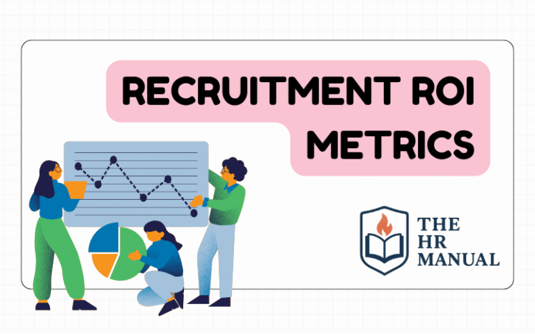 Banner image with three cartoon characters analyzing recruitment data and charts, featuring the title ‘Recruitment ROI Metrics’ and The HR Manual logo.