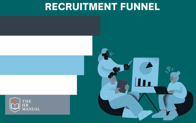 "Illustration of a recruitment funnel with business professionals analyzing charts and data, representing stages of candidate evaluation in a hiring process. Branded with 'The HR Manual' logo.