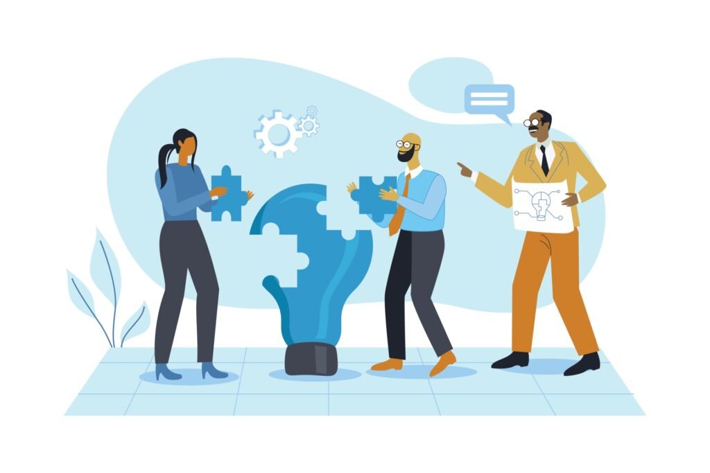 Illustration of three professionals assembling large puzzle pieces symbolizing collaborative problem-solving in a business setting.