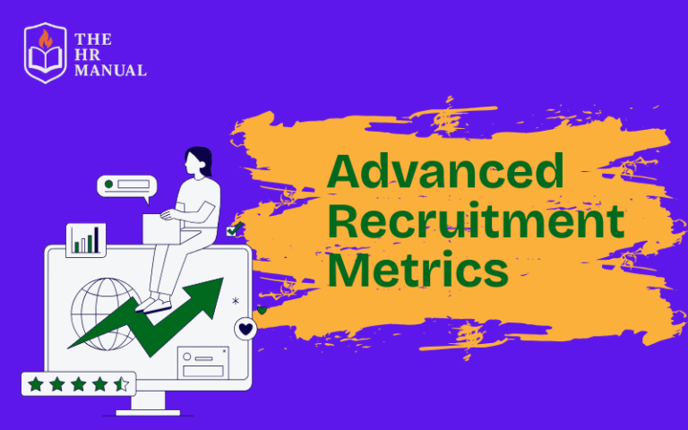 Advanced Recruitment Metrics, featuring a stylized illustration of a person sitting on a rising arrow above a computer screen with charts and data visuals, branded with The HR Manual logo.