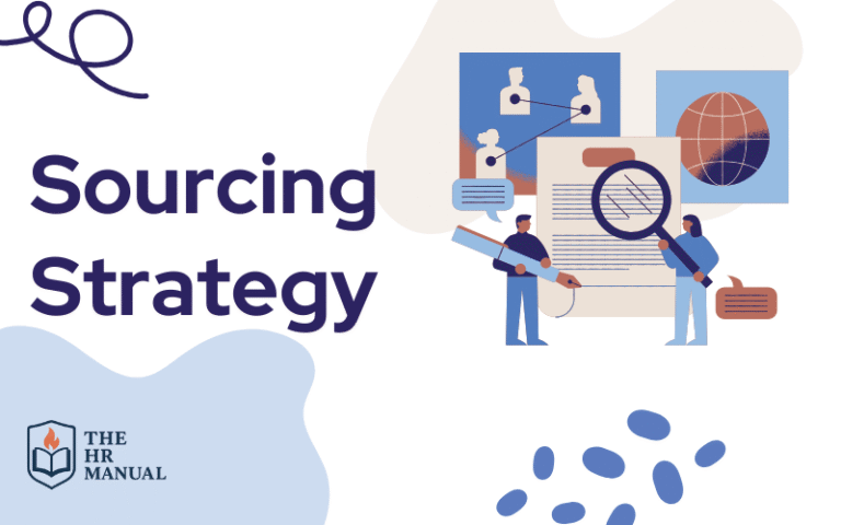 Illustration of two professionals analyzing resumes and global talent networks under the title "Sourcing Strategy," representing a modern approach to proactive sourcing strategy for recruiters.