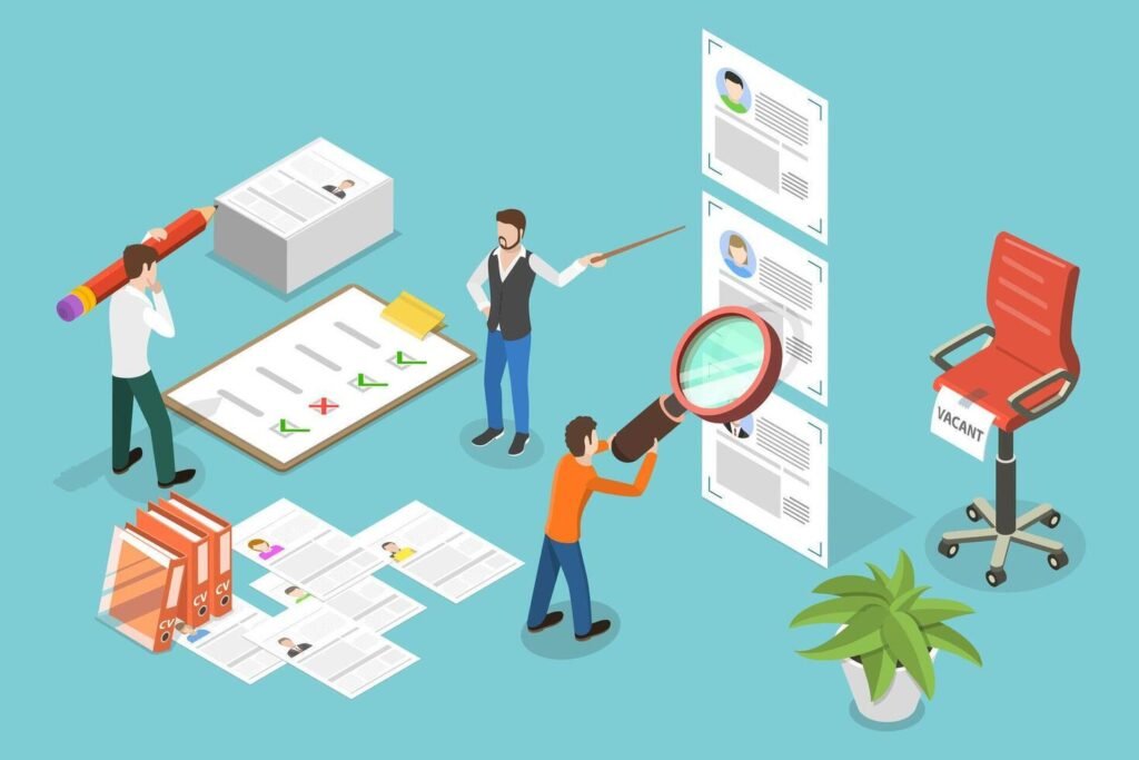 Isometric view of a team reviewing resumes, marking applications, and searching candidate profiles—depicting structured sourcing collaboration.
