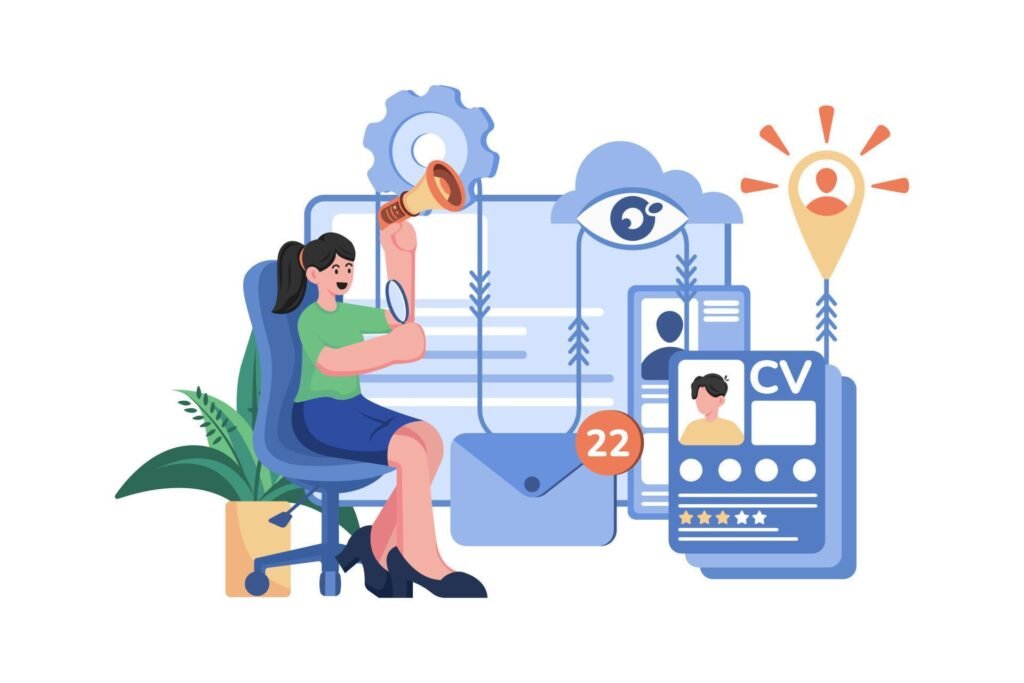 A recruiter at their desk with CVs, notifications, gears, and lightbulb ideas—showing organized candidate pipeline management.