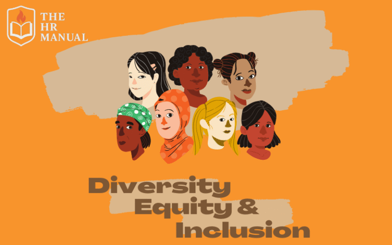 Illustration of diverse women from different ethnic backgrounds with the text “Diversity, Equity & Inclusion” and The HR Manual logo—representing DEI values in the workplace