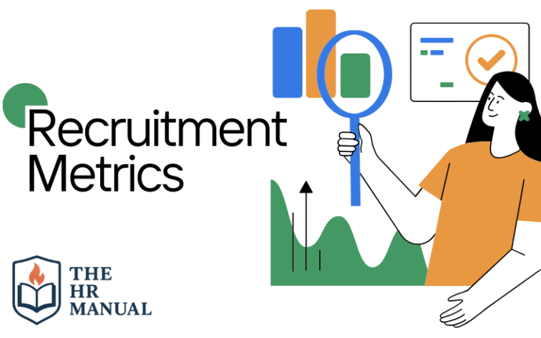 Illustration of woman analyzing bar and line graphs with magnifying glass, representing recruitment metrics for The HR Manual.