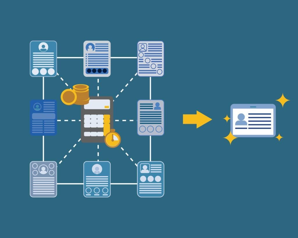 Diagram of interconnected candidate profiles, clock, and coins feeding into a selected candidate—visualizing recruitment lifecycle costs. Recruitment metrics to calculate time and cost spent until hiring by Vecteezy
