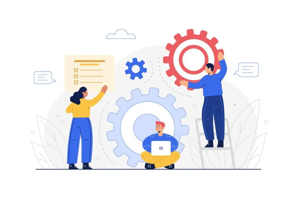 Cartoon-style illustration showing interconnected departments as gears, symbolizing cross-functional collaboration in headcount planning