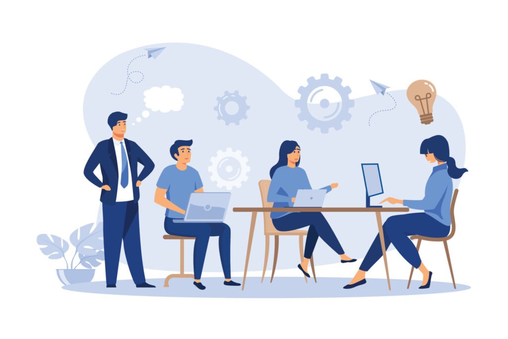 Flat cartoon image of a diverse company team engaged in a strategic planning session, illustrating collaborative headcount planning across departments
