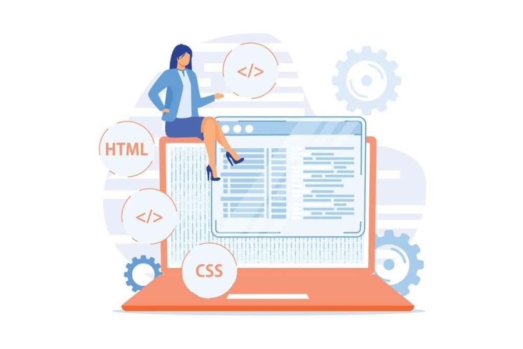 A professional vector illustration of a female developer working on HTML