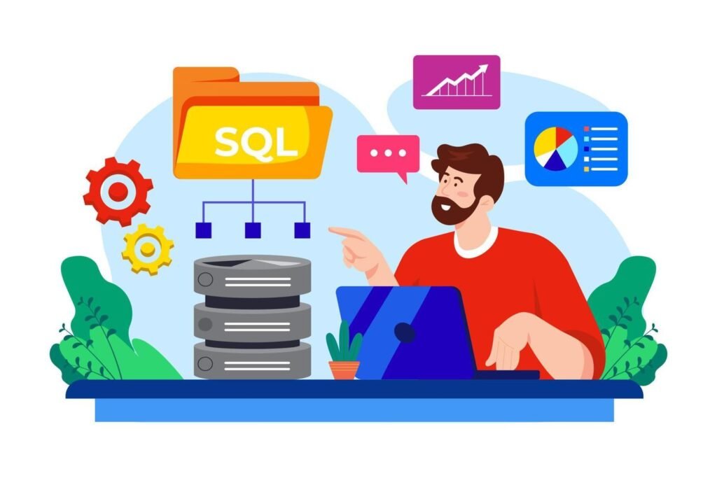 A more detailed, character-driven artwork featuring a developer working with a database, charts, and an SQL file, great for blog sections about writing queries, performance tuning, or developer workflows.