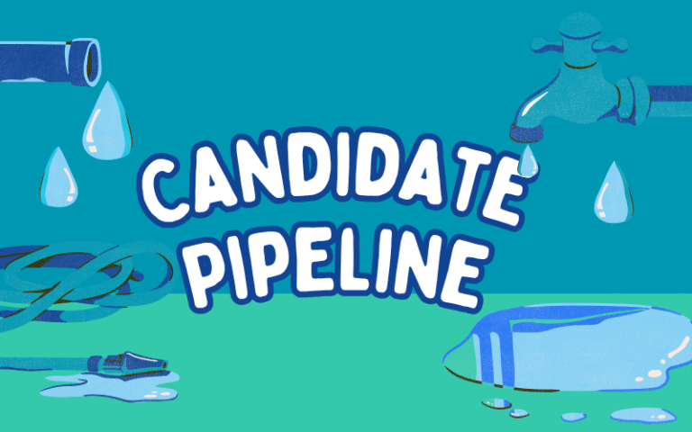 Illustration of a leaky water hose and faucet labeled "Candidate Pipeline," symbolizing inefficiencies or gaps in the recruiting process where candidates may be lost before hire.