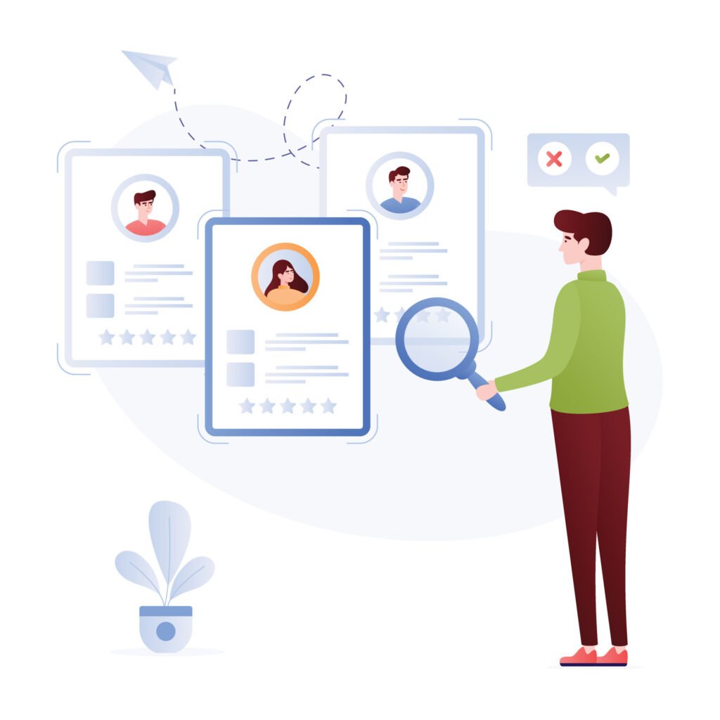 Shows a recruiter with a magnifying glass reviewing candidate profiles, ideal for sections on sourcing and building your pipeline.