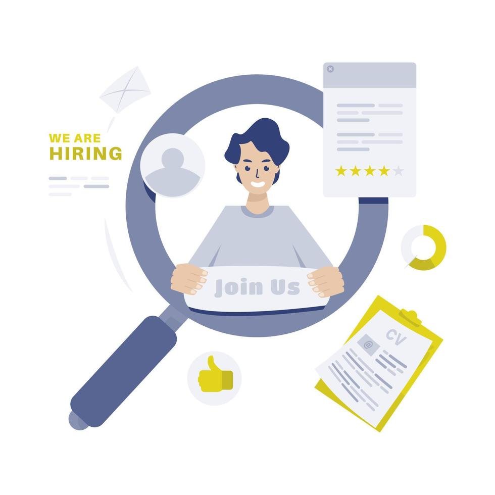 Features a large magnifying glass, CVs, and feedback icons to visualize selection and evaluation processes.